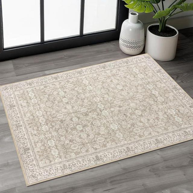 SIILOOM 2x3 Beige White Washable Rug Soft Area Rug for Entryway, Non-Slip Indoor Door Mat Distressed Floral Low-Pile Kitchen Rugs, Neutral Vintage Carpet for Entrance Kitchen Bedside Farmhouse