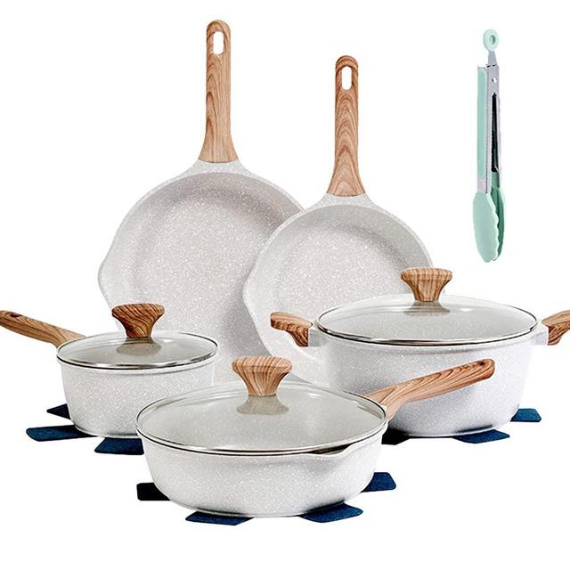 KOLEX Nonstick Cookware Sets,12-Piece Kitchenware Pots and Pans Set Granite Coating,Includes Frying Pans,Deep Frying pans,Stockpots And Cooking Tools,Suitable For All Stove ,100% PFOA Free,White