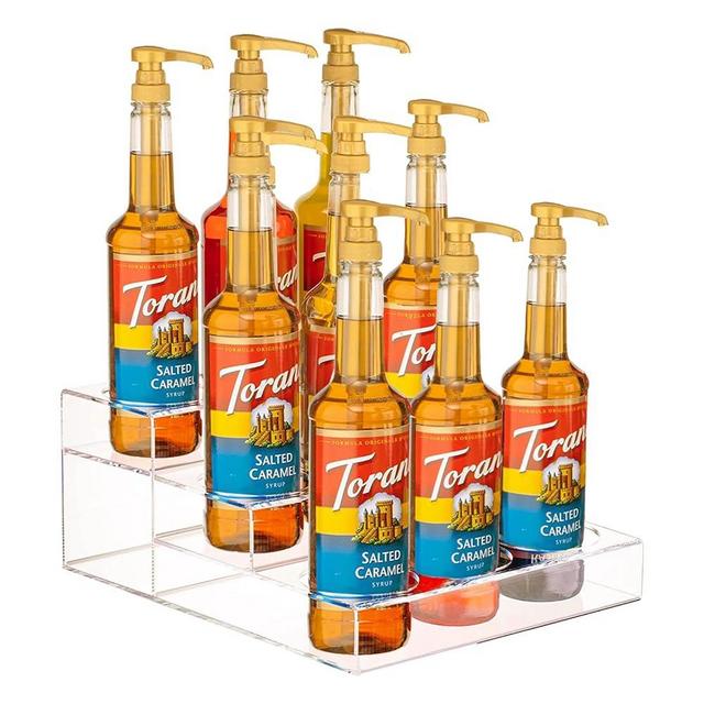 Frcctre 9 Bottles Acrylic Coffee Syrup Organizer Rack, 3 Tier Acrylic Wine Bottle Holder Coffee Syrup Display Stand Shelf Countertop Tiered Storage Holder for Syrups Wine Dressing