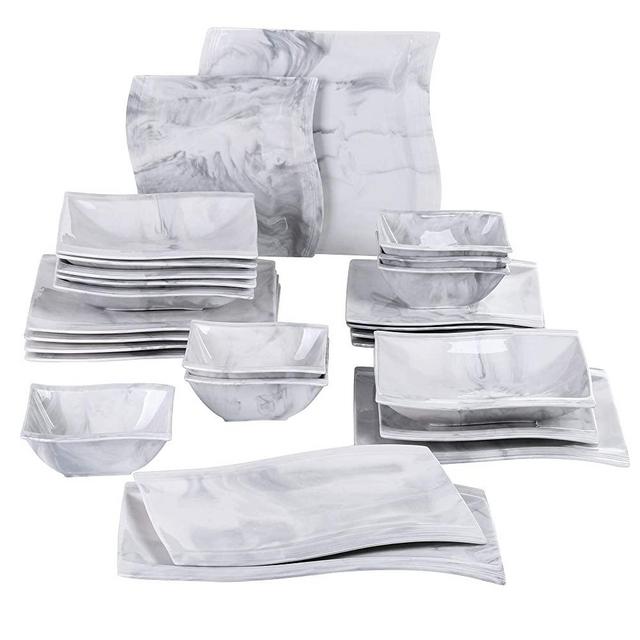 MALACASA Square Porcelain Dinnerware Set, 26-Piece Marble Grey Dinner Sets Oven Safe,Plates and Bowls Set with Dinner Plates Dessert Plates and Soup Plates,Service for 6,Series Flora