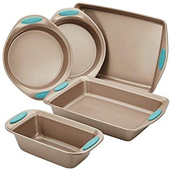 Rachael Ray Nonstick Bakeware 5-Piece Set, Latte Brown with Agave Blue Handle Grips