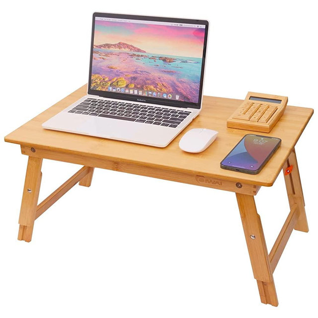 Lap Desk for Bed, COIWAI Bamboo Laptop Low Table for Bed Tray with Foldable Height Adjustable, Portable Picnic for Serving Breakfast Tea Coffee Eating Studying Drawing, Notebook Stand for Couch Floor