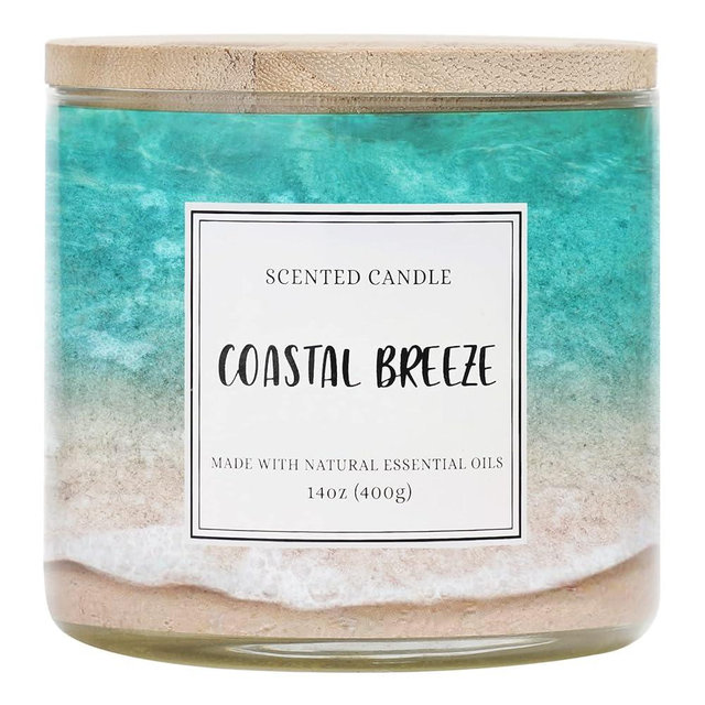 Coastal Breeze Scented Candle, 14 oz Summer Ocean Beach Candle Gift for Women and Men, Natural Soy Wax, 3 Wicks, Up to 40 Hours Burning Time
