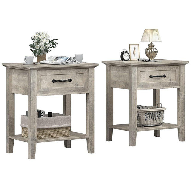 IDEALHOUSE Grey Nightstands Set of 2, End Table with Drawer, Side Table for Spaces, 2 Tiers Storage Shelves with Dresser, Bedside Table for Living Room, Bedroom, Dorm (2pcs-Grey)