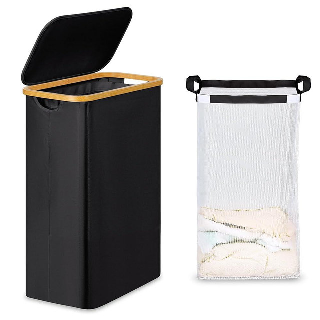 efluky Slim Laundry Basket with Lid, Narrow Laundry Hamper with Removable Bag, Skinny Dirty Clothes Basket with Bamboo Handles for Bathroom, Bedroom & Laundry Room, 65L Black