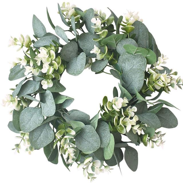 IRONLAND 12'' Artificial Eucalyptus Wreath for Front Door Spring Wreath for Wall with Green Leaves Faux Eucalyptus Porch Farmhouse Patio Garden Festival Celebration Window Party Decor Home Décor