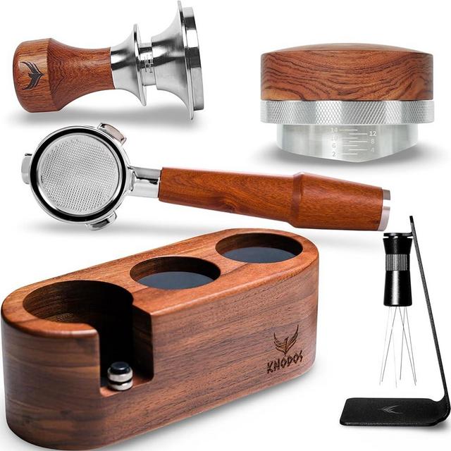 KNODOS 54mm Espresso Tamper Kit Includes Walnut Tamping Station, Bottomless Portafilter, Spring Tamper, Distribution Tool, and WDT Distributor