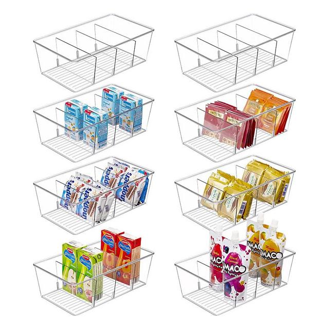Vtopmart 8 Pack Food Storage Organizer Bins, Clear Plastic Storage Bins for Pantry, Kitchen, Fridge, Cabinet Organization and Storage, 4 Compartment Holder for Packets, Snacks, Pouches, Spice Packets
