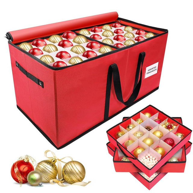 TKYHRMAS Christmas Ornament Storage Box, Ornament Storage Container with 8 Trays, Xmas Decoration Organizer Holds Up to 128 Decoration Balls, Durable 600D Oxford Material（Red）