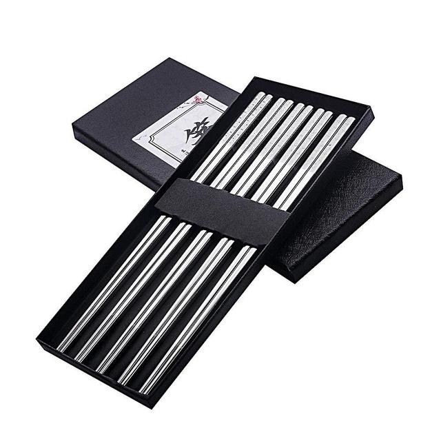 Metal Chopsticks Reusable Titanium Plated Stainless Steel Chopsticks Japanese Korean Chopsticks for Food & Cooking 9.5Inch Non-Slip for Beginners Square Laser Chopsticks 5 pairs Gift Set
