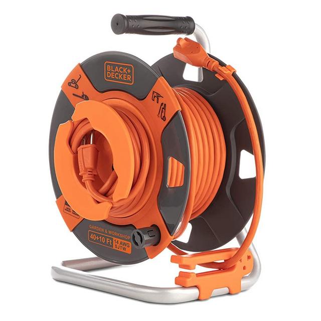 Black + Decker Retractable Extension Cord, 50 ft, 14AWG SJTW Power Cable, For Electric Tools - Outdoor Power Cord Reel w/ Heavy-Duty Rewind Handle - Premium Cord Retractor for Backyard + Workshop