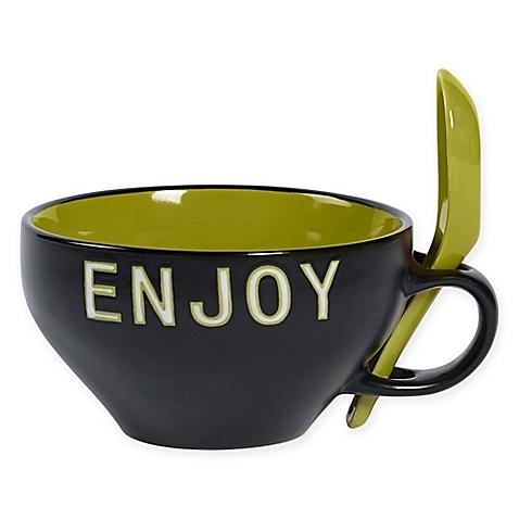 Tabletops Gallery "Enjoy" Mug and Spoon Set in Green