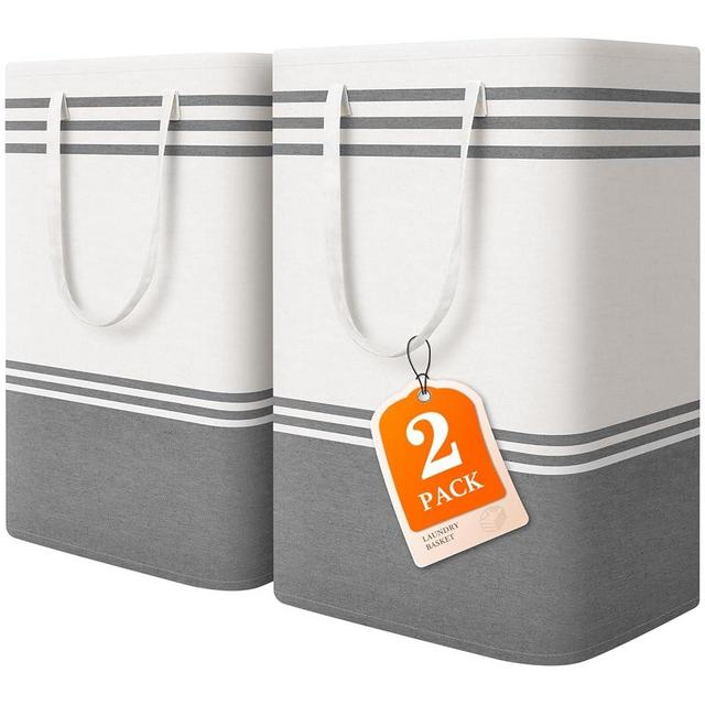 EpicTotes 2 Pack Large Laundry Baskets, Laundry Hampers, Freestanding Waterproof Collapsible Clothes Bag with Extended & Reinforced Handles - Clothes Basket for Dorm, Bathroom, Home (Light Grey/75L)