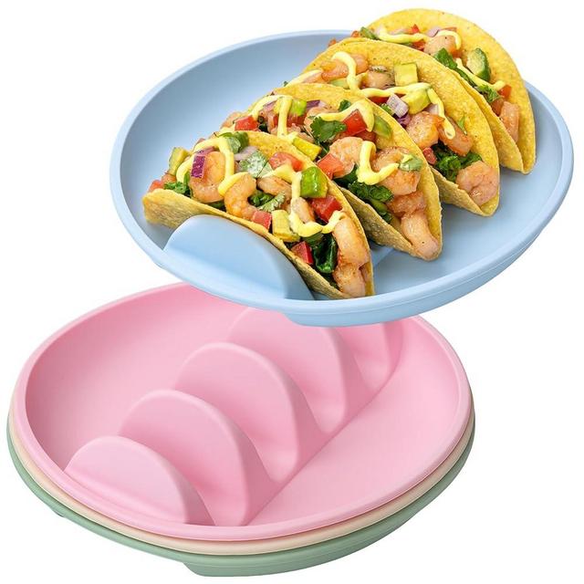Silicone Taco Holder Plates Set of 4, 9.76" Reusable Taco Shell Holders with Dividers Silicone Taco Holders for Hard and Soft Tacos, Dishwasher & Microwave Safe Taco Stands Set of 4 Taco Tray Holders