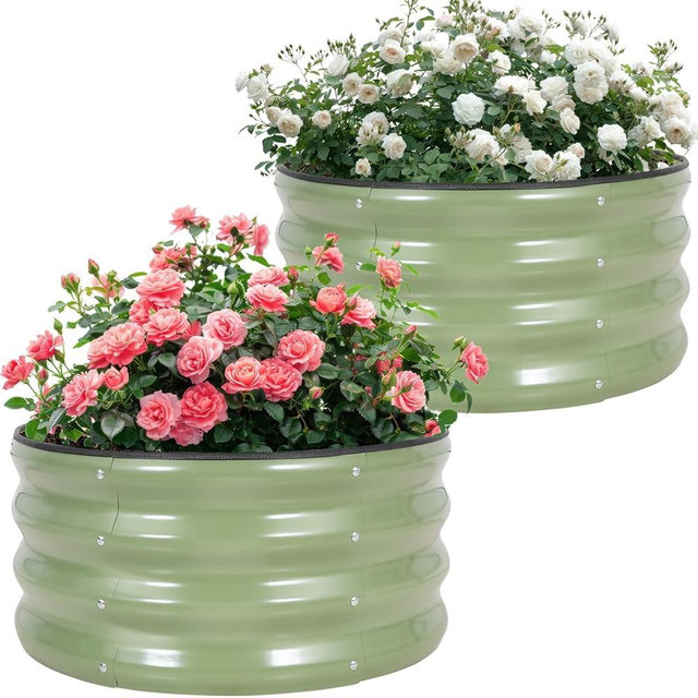 Permade Galvanized Raised Garden Bed- 2Pcs 2x2x1FT Metal Planter Boxes Outdoor | Round Steel Raised Bed Kit & Fire Pit Ring for Gardening with Protective Tape, Gloves for Vegetables, Flower (Green)