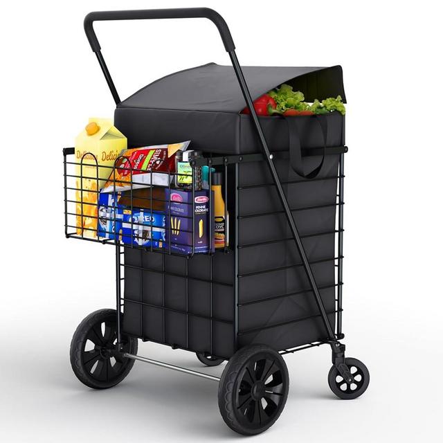 Our Modern Space Shopping Cart w/Waterproof Basket Liner & 360° Swivel Wheels | Foldable Collapsible & Lightweight | Perfect for Groceries Laundry Utility Cart - Black