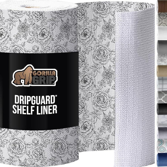 GORILLA GRIP DripGuard Shelf Liner, Non-Adhesive Drawer and Kitchen Cabinet Protector, Strong Grip Slip Resistant Underside, Smooth Surface Liners for Cabinets, Bathroom Closets, 12x120 In Floral Gray