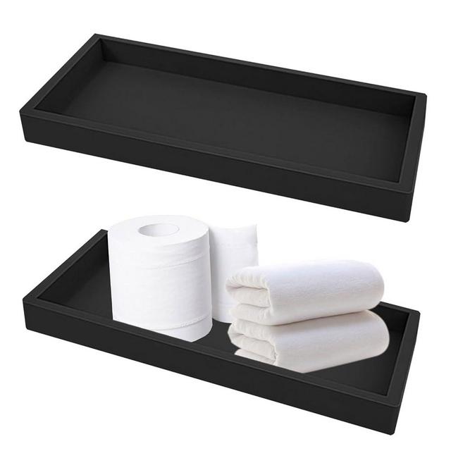 Qivine Bathroom Tray Countertop, Shatterproof Silicone Vanity Tray for Kitchen Counter 2Pcs, Flexible Decorative Small Tray Soap Tray for Bathroom Sink Dresser Perfume Cosmetics (Black 7.8 * 3.9'')