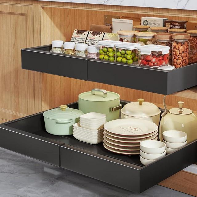 Seinloes 2 Pack Pull Out Cabinet Organizers 21"Deep With Raising Pad for Framed Cabinets,Expandable Slide Out Drawers Upgrade 3 Slide Rails,Roll Out Shelves Adhesive,Adjustable Width 12"-20.45" Black