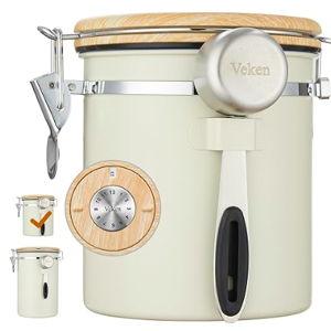 Veken Coffee Canister, Airtight Stainless Steel Kitchen Food Storage Container with Date Tracker and Scoop for Beans, Grounds, Tea, Flour, Cereal, Sugar, Cookie, 16OZ, Cream