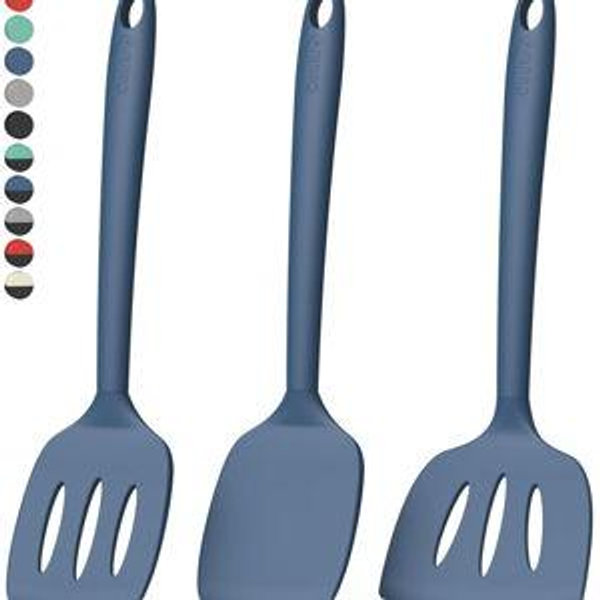 Coukre 3 Pack Silicone Spatula Set, High Heat Resistant, BPA-Free, Fish Spatula, Solid & Slotted Turner for Non-Stick Pans, Flipping Eggs, Pancakes, Fish, Burgers (3, PureDarkBlue)