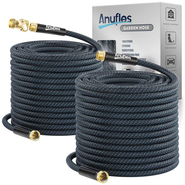 Anufles Garden Hose 100FT, Lightweight 3-Layer PVC Flexible Water Hose, No Kink, Leak-Resistant, High-Pressure with Metal Fittings, Durable for Outdoor, Gardening, Washing Cars, Easy to Store (50FTx2)