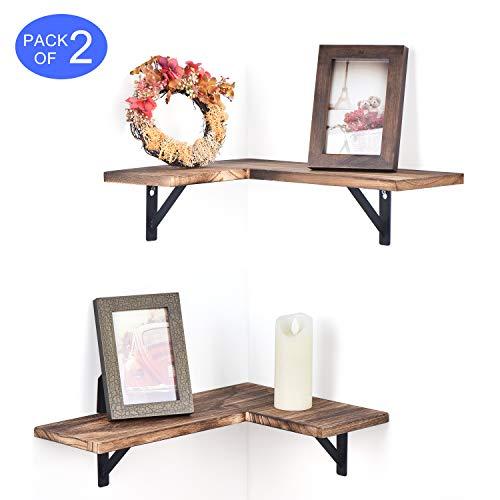 Olakee Corner Wall Shelves Rustic Wood Corner Floating Shelves for Bedroom Living Room Bathroom Kitchen Set of 2 Carbonized Black