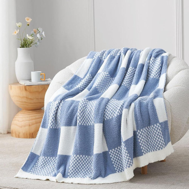 Snuggle Sac Checkered Blanket, Blue Throw Blanket for Couch Plaid Microfiber Fluffy Warm Fuzzy Cozy Soft Throw Blanket Reversible Checkerered Blankets for Sofa, Chair, Bed, 50x60 inches