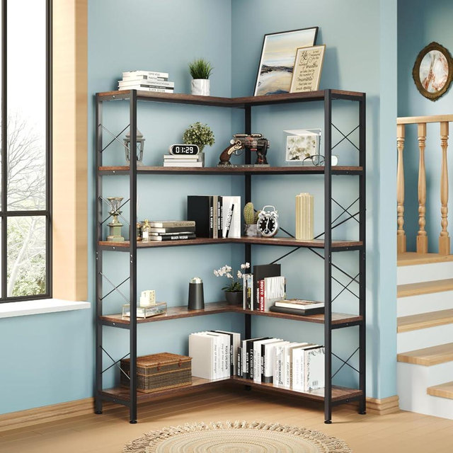 Wildhome 5-Shelf Corner Bookshelf, Vintage Industrial L-Shaped Bookshelf Etagere Bookcase, Large Book Shelf with Metal Frame Open Storage Corner Cabinet (Retro Brown-5 Shelf)