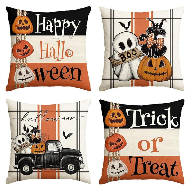 AVOIN colorlife Happy Halloween Pumpkin Throw Pillow Covers, 18 x 18 Inch Trick or Treat Holiday Ghost Truck Cushion Case Decoration for Sofa Couch Set of 4