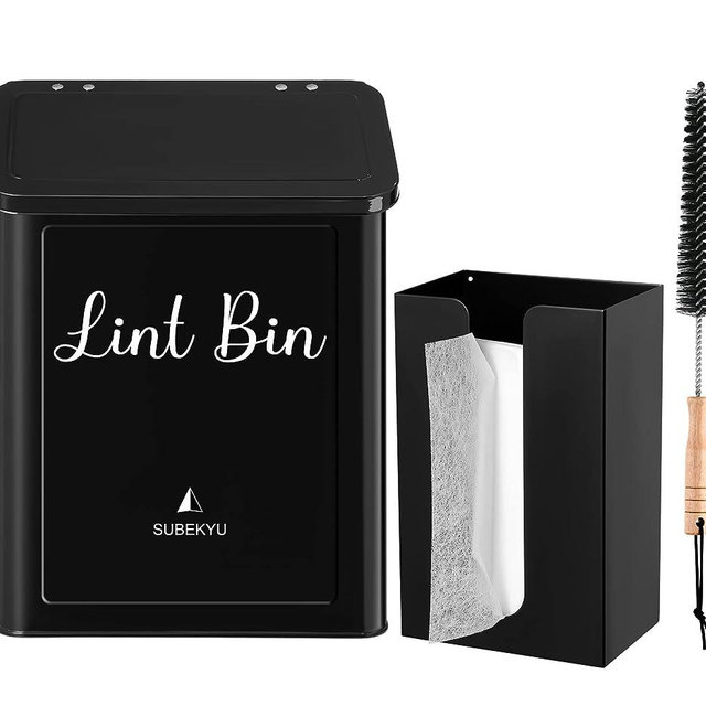 SUBEKYU Magnetic Lint Bin and Dryer Sheet Holder Set for Laundry Room, Metal Lint Trash Can with Lid and Lint Box Magnetic for Mounting on Dryer,Wall Mount Lint Bin for Laundry Room，Black