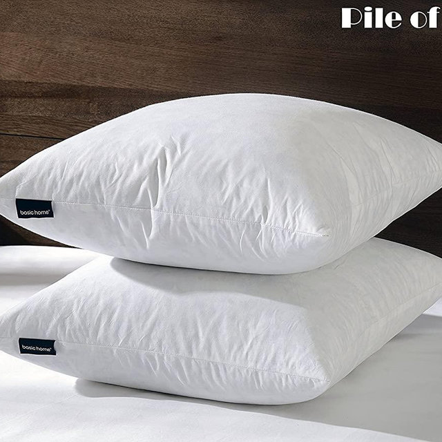 Basic Home 16x16 Decorative Throw Pillow Inserts-Down Feather Pillow Inserts-Square-Cotton Fabric-Set of 2-White.