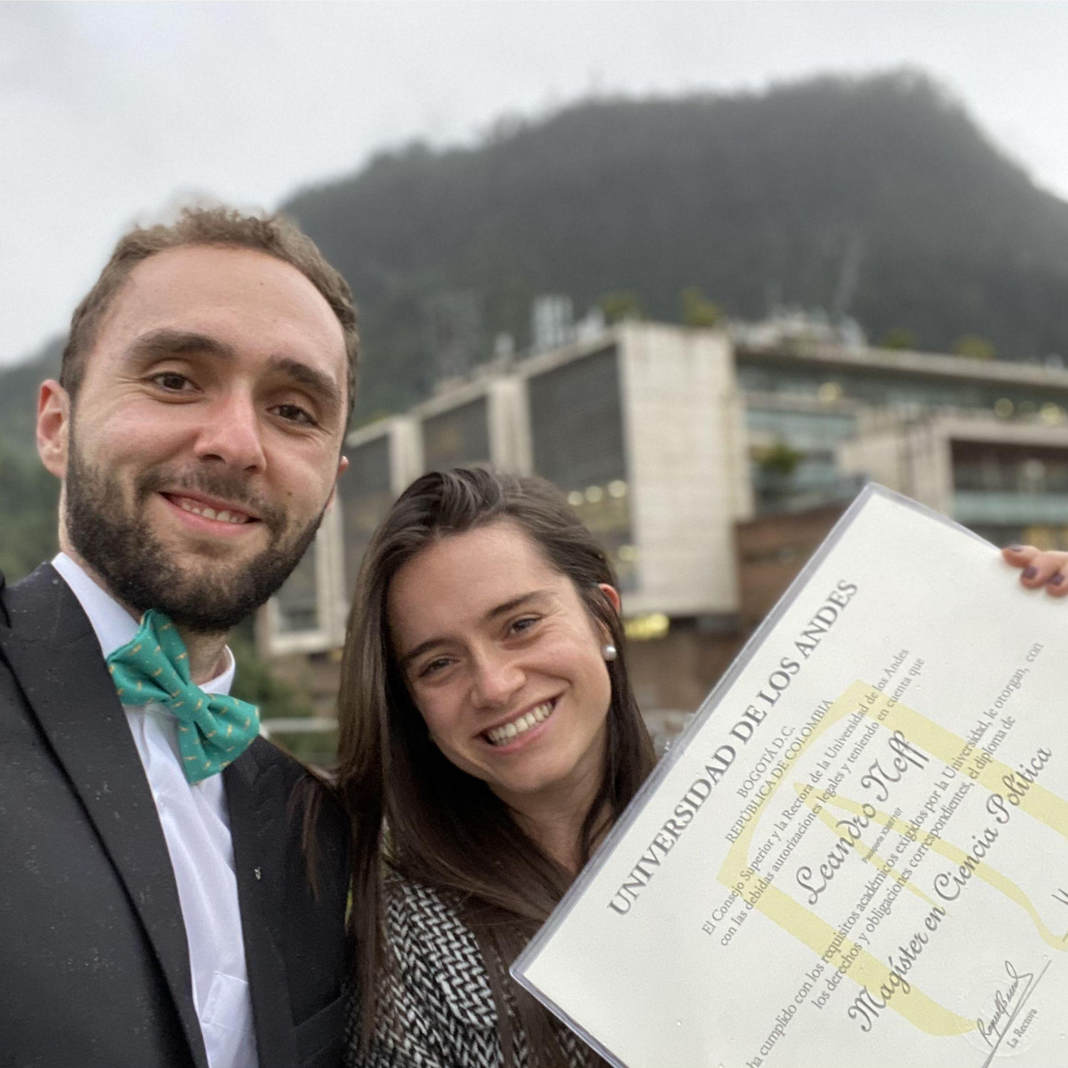 Proud Uniandino. Celebrating Don Leandro's Master's Degree in Political Science, with our beloved Monserrate mountain in the background.