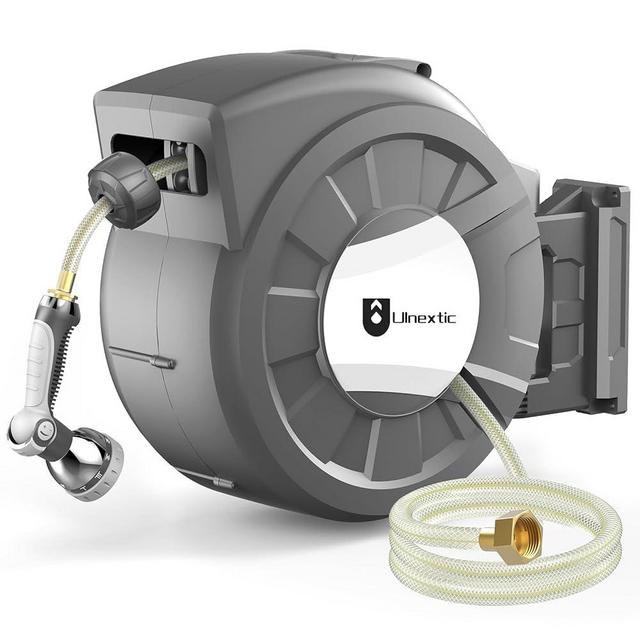 Ulnextic Retractable Garden Hose Reel,1/2 in x 100 ft Wall Mounted Hose Reel, Any Length Lock/Slow Return System/Wall Mounted/180°Swivel Bracket
