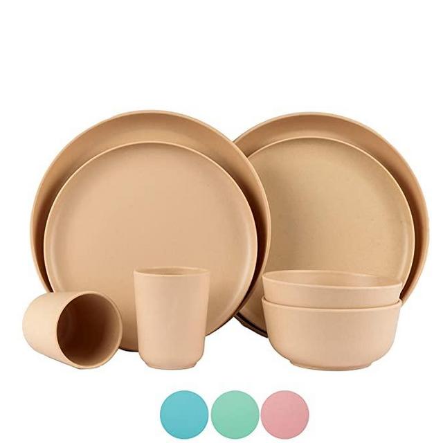 BAMBOO LAND Set for 2 person (8 PCS) /bamboo fiber dinnerware dishwasher safe, reusable bamboo dinnerware, Eco-friendly bamboo dinnerware, Picnic dinnerware set, cup, dinner plate (Khaki)