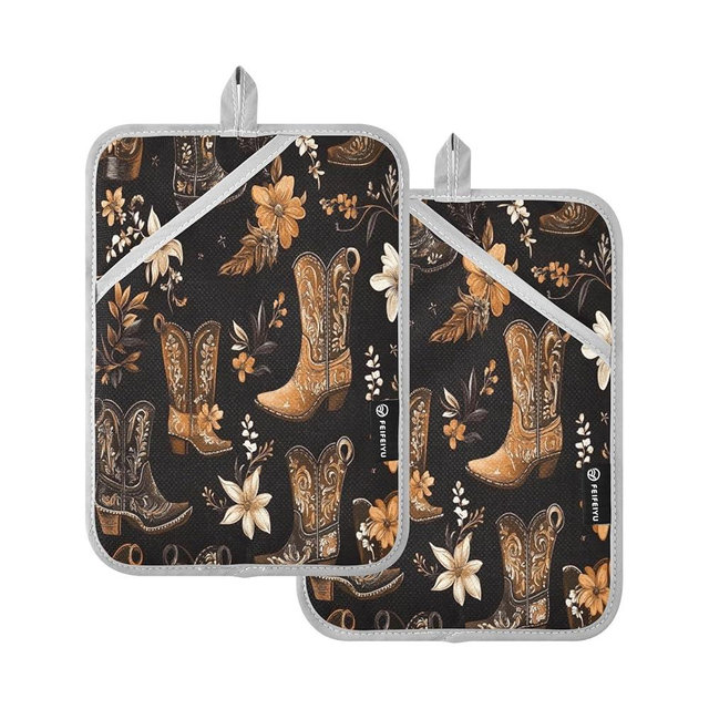 ARGTILDN Western Cowboy Boots Flowers Pot Holders Set of 2 for Kitchen Heat Resistant Potholders Soft Oven Hot Pads with Pockets for Countertop Home Cooking Baking 7"x9.8"