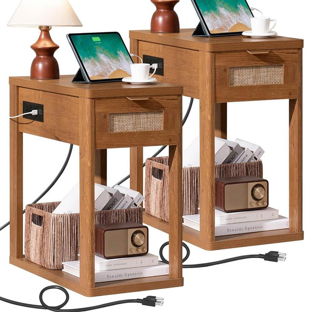LEYAOYAO Narrow Side Table Set of 2, 24'' Night Stand with Charging Station, Rattan Nightstand with Drawer Storage, Bedside End Table with Small Spaces, Wood Boho Nightstand for Living Room Bedroom
