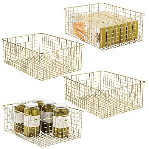 mDesign Farmhouse Decor Metal Wire Food Organizer Storage Bin Baskets with Handles for Kitchen Cabinets, Pantry, Bathroom, Laundry Room, Closets, Garage, 4 Pack - Soft Brass