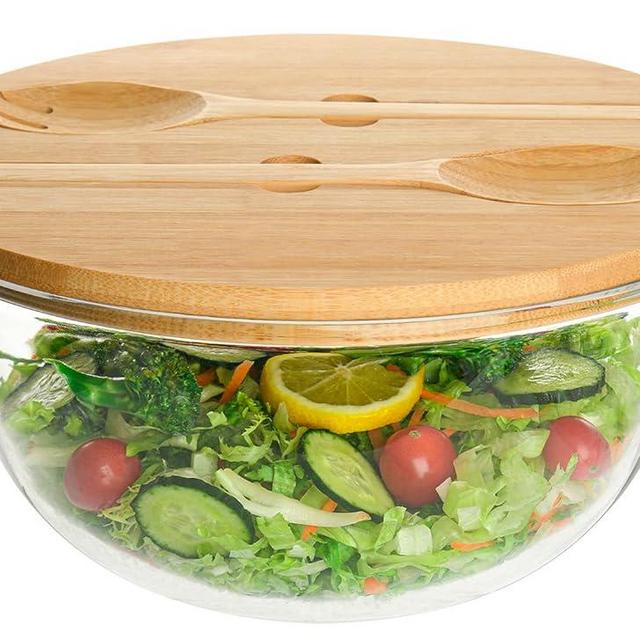 GEHE Glass Salad Bowl with Lid, 10.6Inch Large Trifle Bowl Glass Fruit Bowl, 4.1 Quart Large Capacity Serving Bowls for Salad, Pasta, Fruit, Dessert Display Cake, Microwave Safe