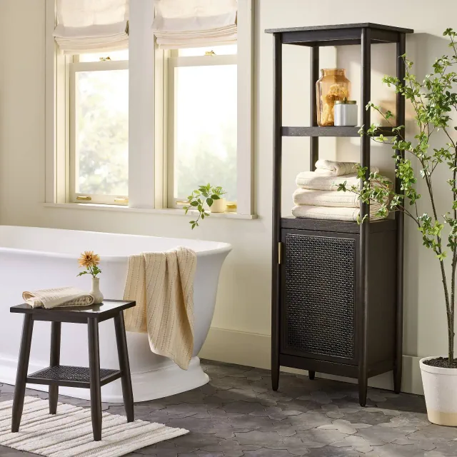 Wood & Cane Bathroom Stool - Black - Hearth & Hand™ with Magnolia: Farmhouse Style, 18" Height
