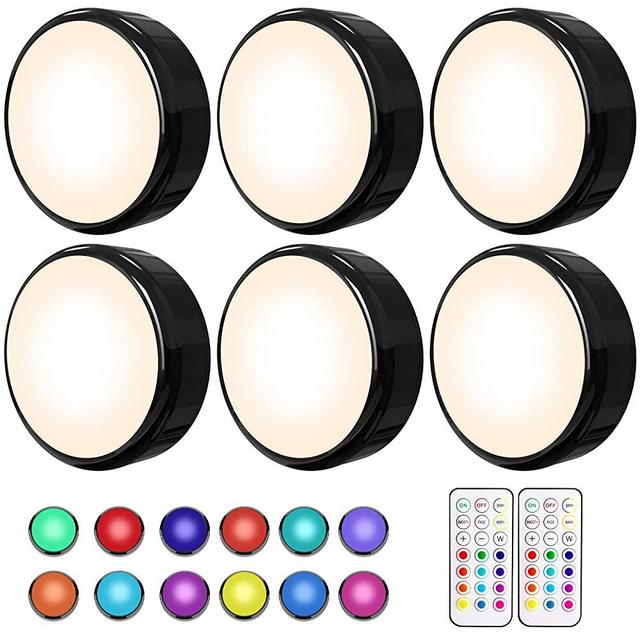 Puck Lights, HELPLEX 16 Colors Changeable LED Push Lights Battery Operated New Upgrade Black Dimmable Under Cabinet Lighting Wireless Under Counter Light, with 2 Remote Controls & Timing Function