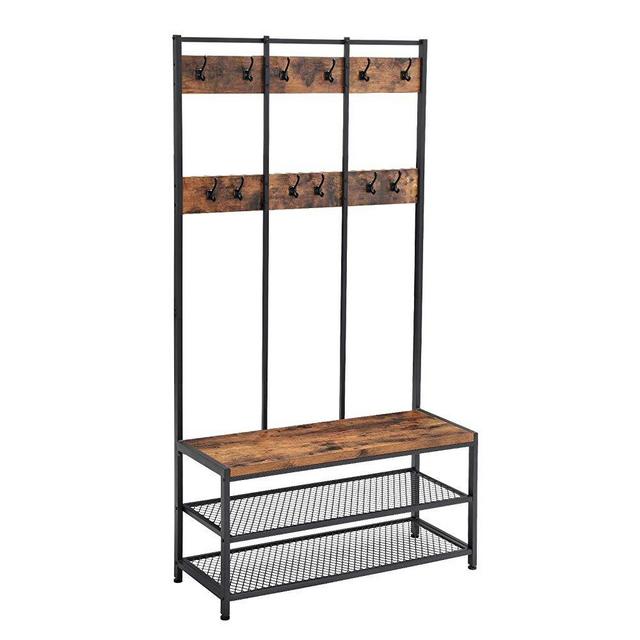 VASAGLE Industrial Coat Rack Shoe Bench, Hall Tree Entryway Storage Shelf, Large Size, Wood Look Accent Furniture with Metal Frame, Easy Assembly UHSR86BX