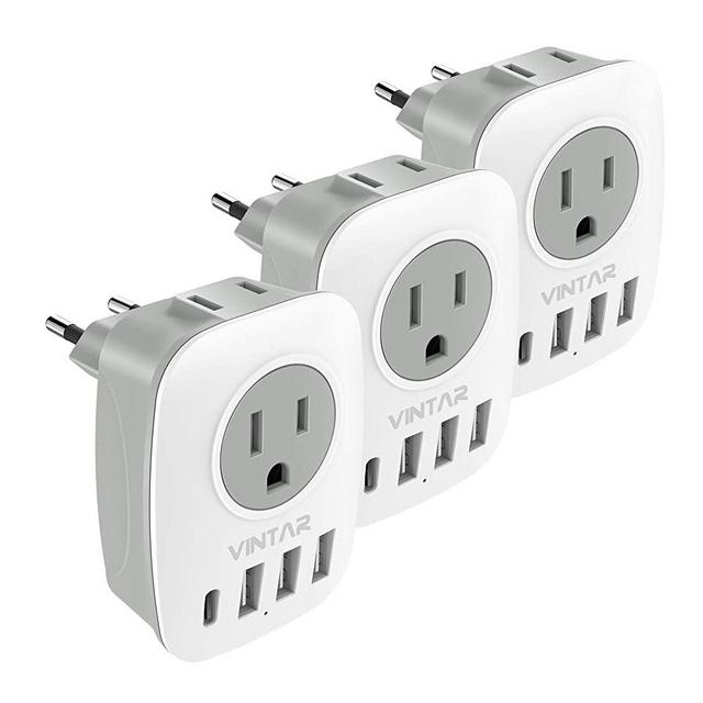 [3-Pack] European Travel Plug Adapter, VINTAR International Power Adaptor with 2 American Outlets, 1 USB C and 3 USB Ports, 6 in 1 European Plug Adapter for France, German, Italy, Spain (Type C)