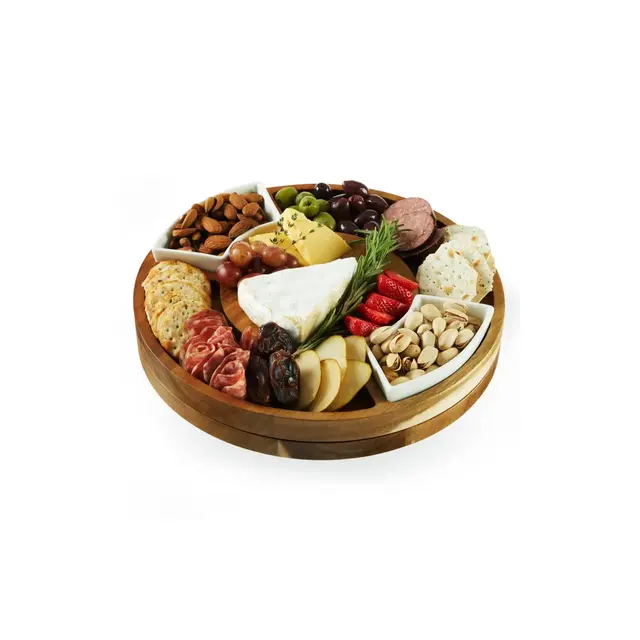 Twine Rotating Acacia Wood Charcuterie Board with Removable Ceramic Dishes for Cheeses, Cured Meats, Olives, Fruits, Spreads, Snacks, Gifts for Women