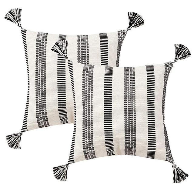 blue page Pack of 2 Cotton Woven Decorative Square Throw Pillow Covers Set, Farmhouse Pillow Cases for Couch Sofa Bedroom Car Chair, Gift Ideal 20x20 Inches (Black Off White)