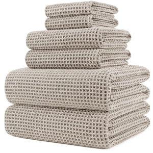 POLYTE 430 GSM Microfiber Quick Dry Lint Free Oversize Bath Towel Set, 6 Piece (Waffle Weave)