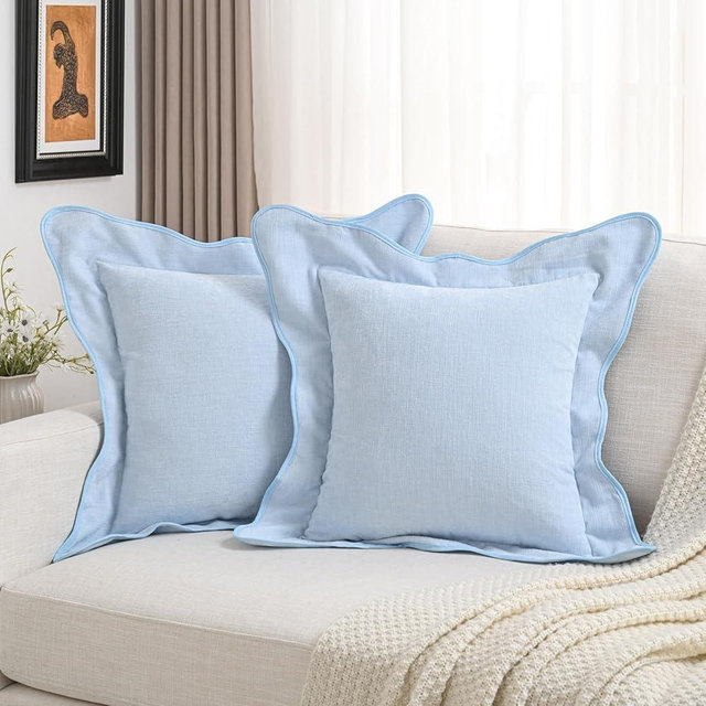 FUTEI Light Blue Chenille Throw Pillow Covers 18x18 Inch Set of 2,Double Stitch Scalloped Bordered Soft Square Cushion Case,Home Decor for Couch,Bed,Living Room
