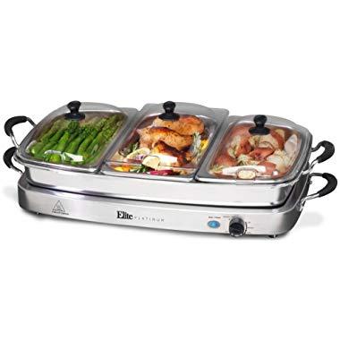 Elite Platinum EWM-9933 Deluxe Triple Buffet Server Food Warmer Party Tray, Oven-Safe Pan, Gravy & Holiday Essentials, 3 x 2.5Qt, Stainless Steel