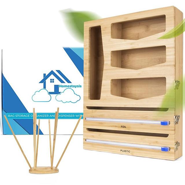 Homestaysis Bamboo Ziplock Bag Organizer with Cutter for Kitchen Drawer and Plastic Bags, Aluminum Foil and Wrap Dispenser for 12 inch rolls, Sandwich Storage Baggie Organization,Gallon,Quart Holder