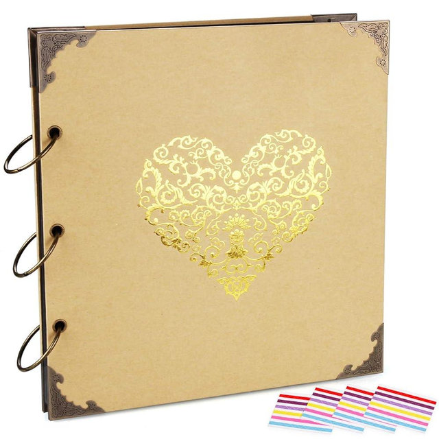 ADVcer Photo Album DIY Scrapbook, 10x10 inch 50 Pages Double Sided, Vintage Hardcover Three-Ring Binder Picture Booth with 408pcs 6 Colors Self Adhesive Photos Corners (Champagne, Gold Blocking Heart)
